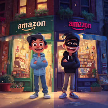 The image is split down the middle, showing two storefronts side-by-side: on the left, a smiling boy stands in front of a bright green "amazon" store, while on the right, a boy in a black mask and hoodie stands in front of a dark blue "amazon" store, both with arms crossed and smiling mischievously.